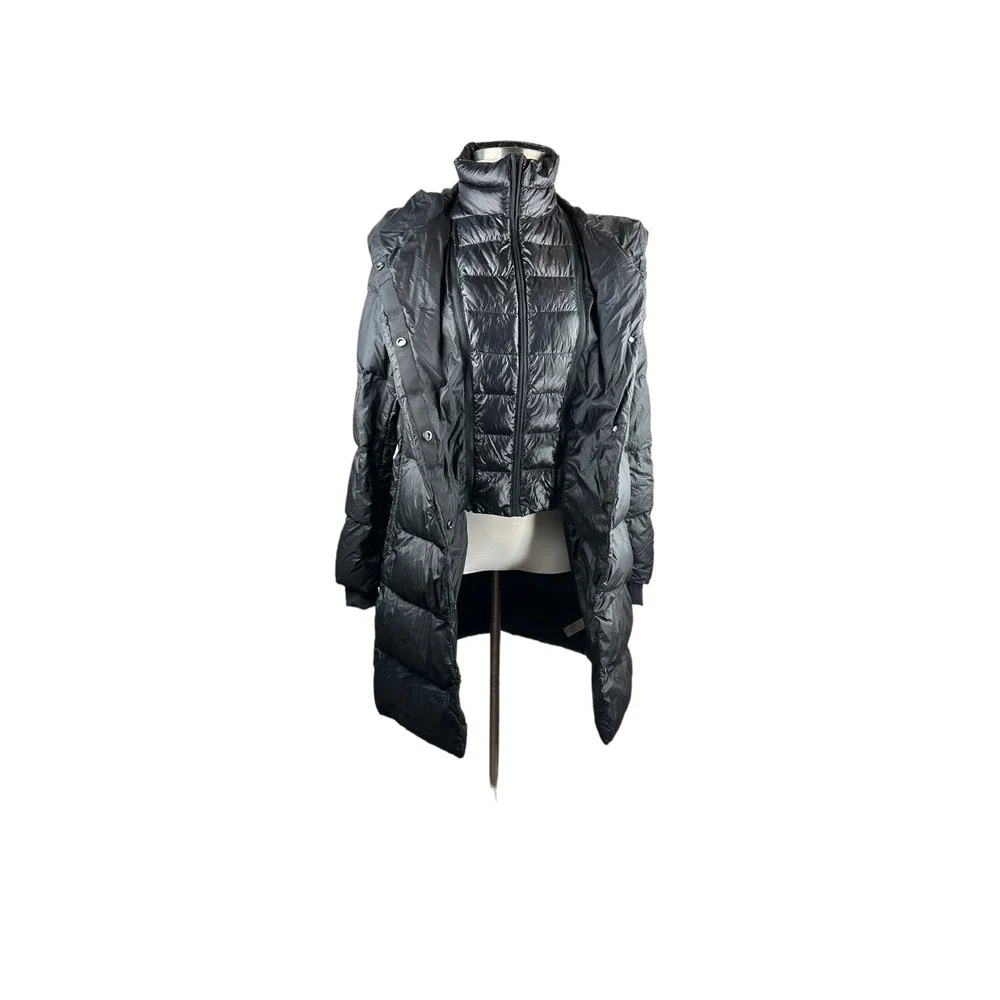 Athleta Lofty Down Coat Goose Down Black Puffer Hooded Puffy Long Coat Medium - Picture 11 of 16